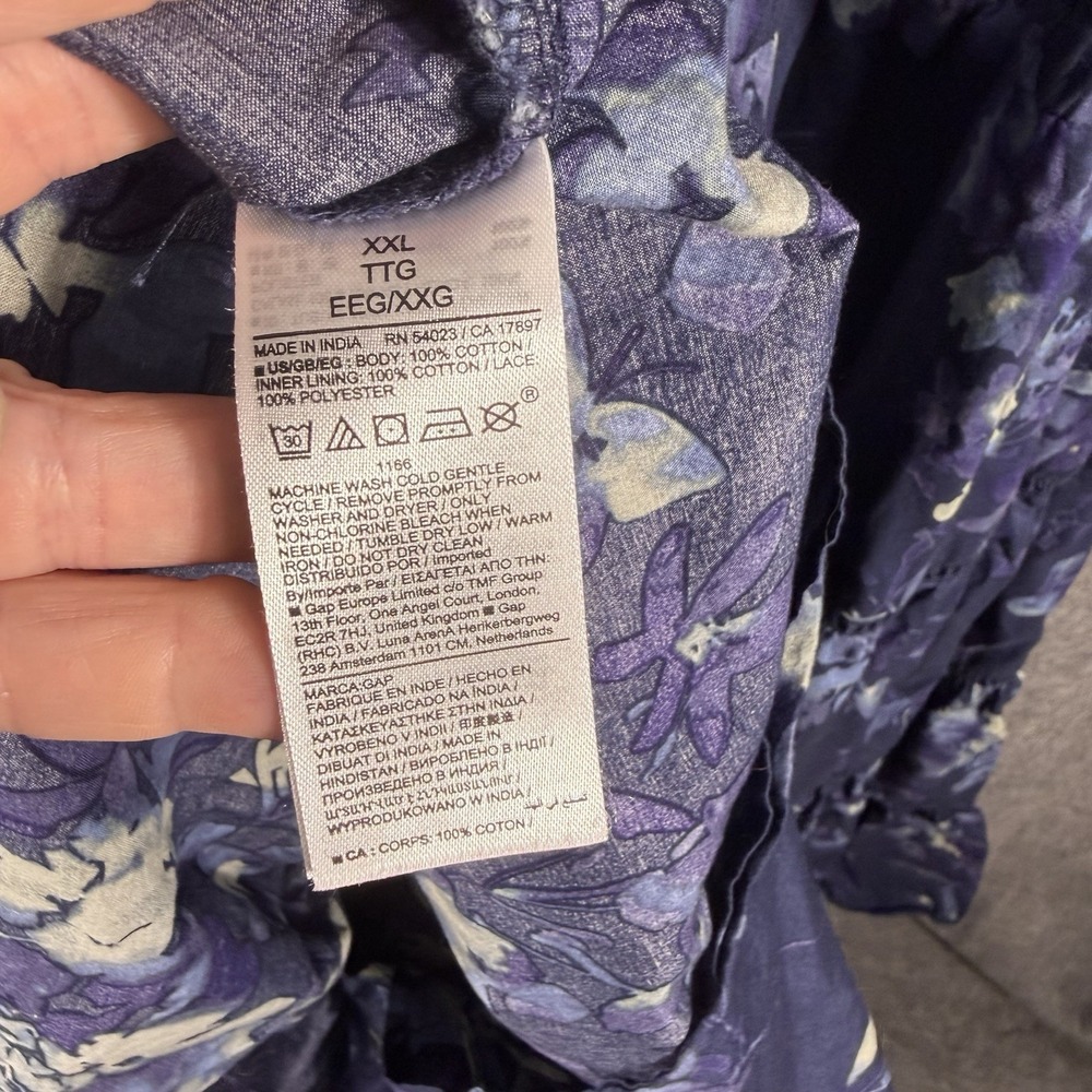 GAP Women's Navy Floral Puff Sleeve Button Up  Tiered Maxi Dress 💯 Cotton 2XL - Picture 7 of 9